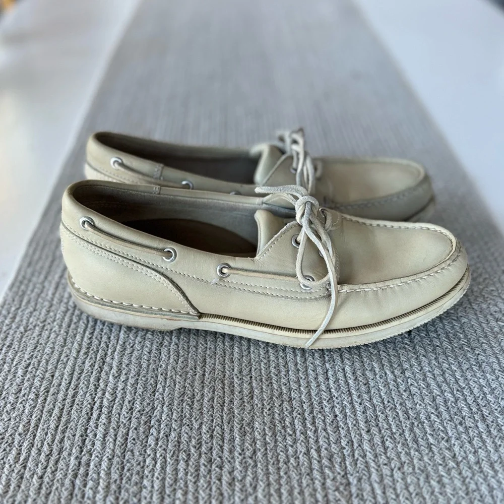Vintage Rockport Tan Cream Leather Boat Shoes Loafers Size 9.5